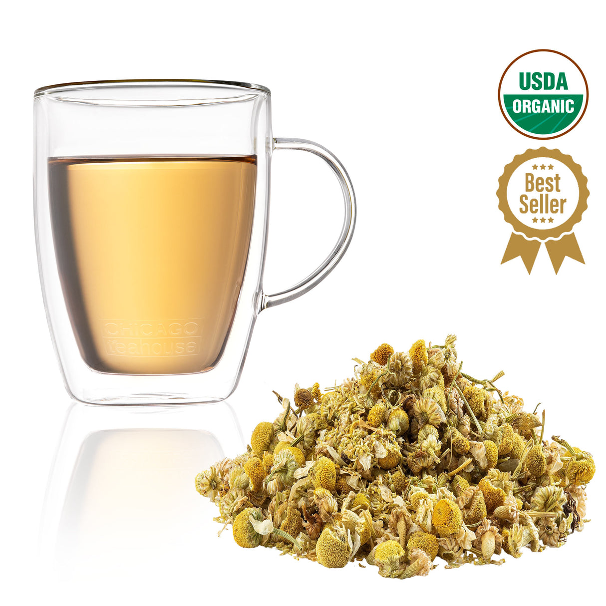 A mug of chamomile tea garnished with dried chamomile flowers, featuring USDA Organic and Best Seller badges.