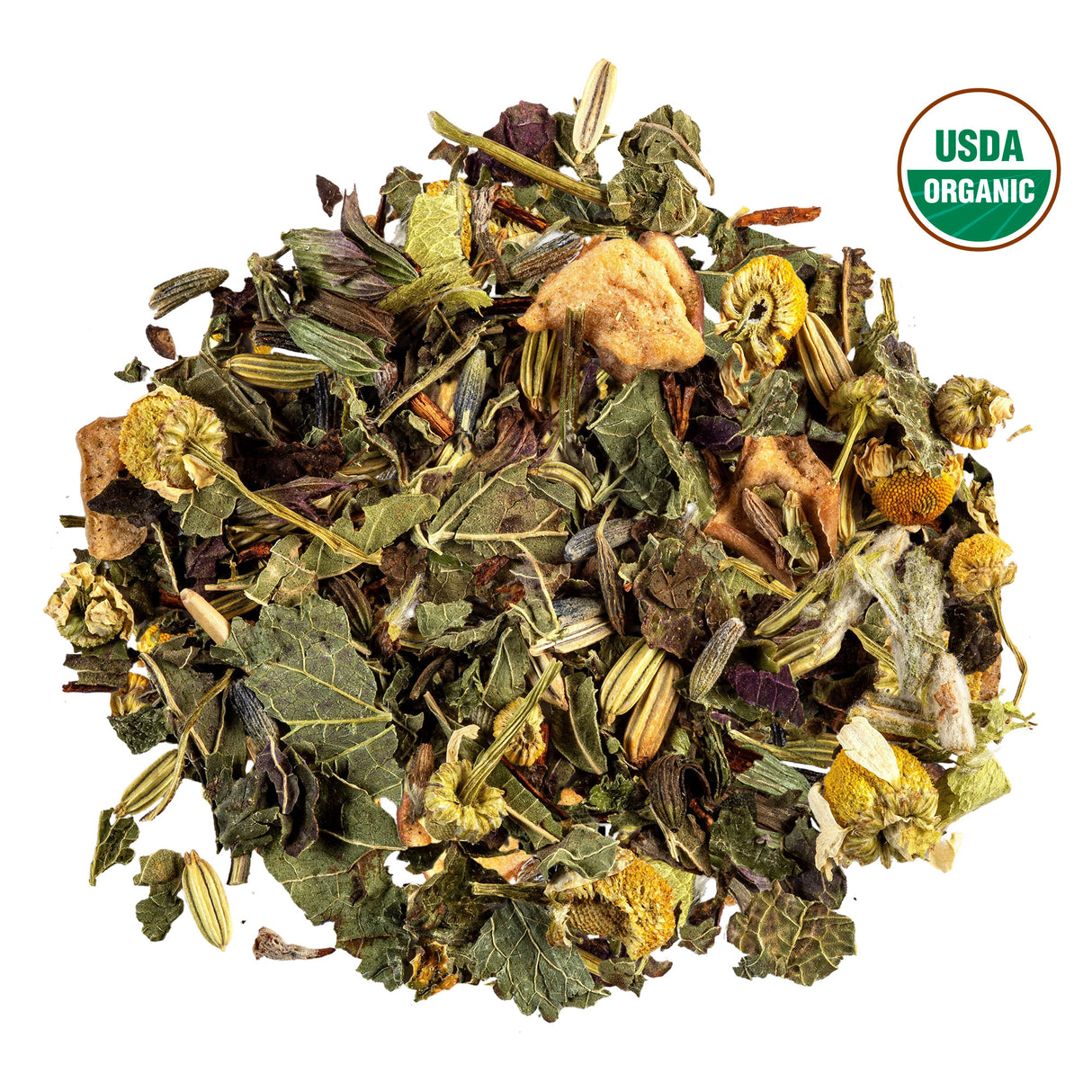 Organic herbal tea blend with fennel, chamomile, lavender, Greek mountain tea, dried leaves, and flowers.