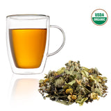 A mug of Sleep Tight organic herbal tea blend for restful sleep and relaxation.