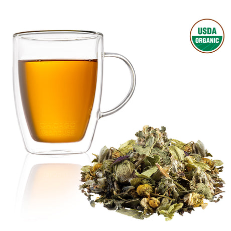 A mug of Sleep Tight organic herbal tea blend for restful sleep and relaxation.