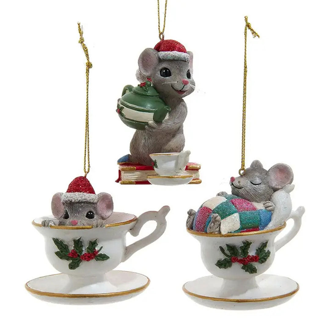 Mouse With Teacup Ornaments - 3"