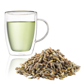 A mug of lavender tea garnished with dried lavender flowers